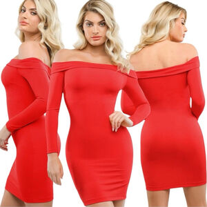 Popilush Red Shapewear Long Sleeve Off-the-Shoulder Bodycon Mini Dress Large